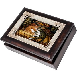 Cottage Garden Cats Sleeping On a Hearth Fireplace Burlwood Jewelry Music Box Plays Friend in Jesus