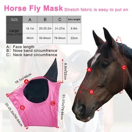 HUAME Horse Fly Mask with Ears, Comfortable Fit Stretch Fabric with UV Protection Soft on Skin Breathability for Medium or Large Size Horses (Pink, Large)