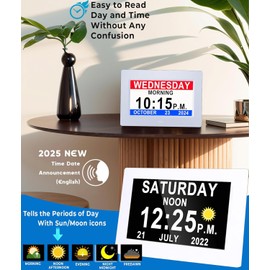 Digital Calendar Alarm Clock for Seniors with Dementia - 8" Extra Large Display with 4 Color Modes | 12 Alarms, Remote Control, Wall/Desk Mount, High Contrast AM/PM, Date Display for Visually Impaired