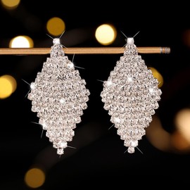 Rhinestone Rhombus Dangle Earrings for Women Colorful Geometric Rhomboid Drop Earrings Sparkly Chandelier Statement Stud Earrings Bridal Jewelry Gifts (Silver)