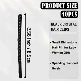 WADY 40 Pcs Black Rhinestone Jumbo Bobby Pins, Metal Hair Clips Sparkly Crystal Diamond Pins Decorative Shiny Barrettes Accessories for Women Thick Long Updo Style (Small)