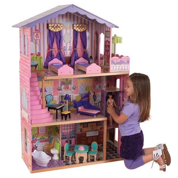 KidKraft My Dream Wooden Mansion Dollhouse with Elevator, Balcony and 13-Piece Accessory Set, for 12-Inch Dolls, Gift for Ages 3+