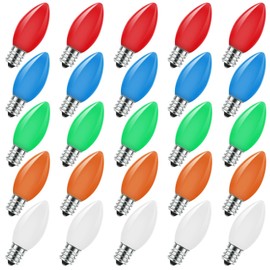 PASUTO C9 Christmas Replacement Lights Bulbs, 25 Pack Multicolor Ceramic Light Bulbs for Christmas Outdoor Indoor String Light, Xmas Holiday Patio Party Decorations(E17 Socket Base 7w)