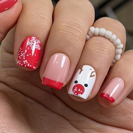 Curvlife Press on Nails Acrylic Short Square Fake Nails with Christmas Deer Design Full Cover False Nails for Women Reusable Nail Kit