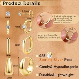 JeweBella Small Silver Hoops Earrings for Women 18K Gold Plated Huggie Hoop Stud Earrings Set Hypoallergenic Lightweight Earring Stack for Multiple Piercings