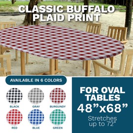 Sorfey Tablecover -Fitted with Elastic, Vinyl with Flannel Back, Fits for Table 48" W x 68" to 72" L Oval/Oblong, Stretchable Conveniently, Water Proof, Easy to Clean, Checked Burgundy Design