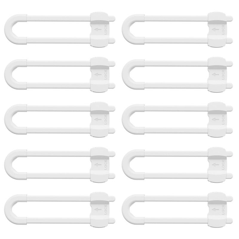 (10 pack white) 4 button Cabinet Locks, U-Shaped Proofing Drawers