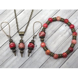 Vintage style women's bracelet, earrings and necklace jewelry set in red imperial jasper