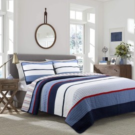 Cozy Line Home Fashions Navy Blue Red Striped Boy 100% Cotton Reversible Quilt Bedding Set, Coverlet, Bedspread (Harlan, Twin - 2 Piece)