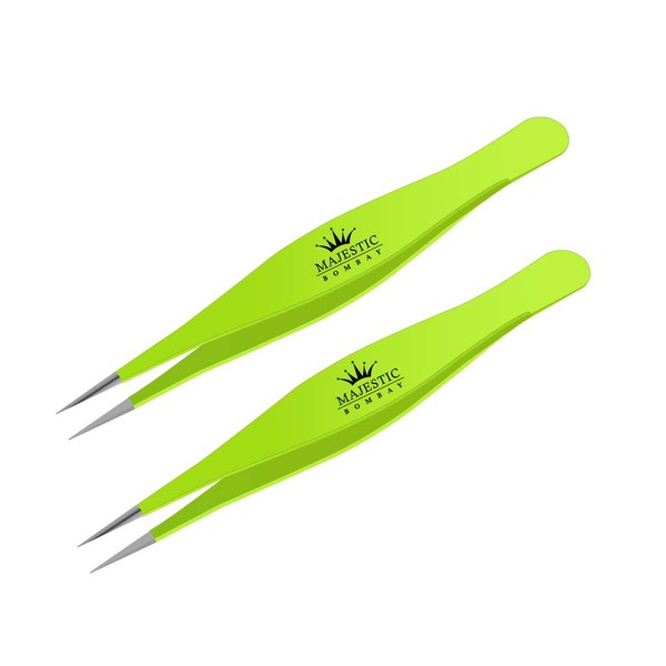 Surgical Tweezers for Ingrown Hair - Precision Sharp Needle Nose Pointed Tweezers for Splinters, Ticks & Glass Removal - Best for Eyebrow Hair, Facial Hair Removal (2 pack pointed, Green)