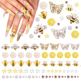 88 Pcs Bee Nail Charms and Gems, Gold Silver Bee Butterfly Nail Gems Charms Yellow Daisy Flowers Charms for Acrylic Nails, Cute Bee Tiny Flowers Sunflowers Resin Charms for Nail Art Accessories