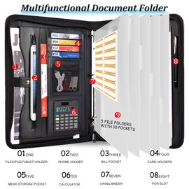 Eshow Portfolio Organizer - 3 Ring Binder with Zipper, Vegan Leather Business Padfolio Folder with Notepad Includes 5 Clear Sheet Protectors for Documents Files for Men Women