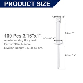 uxcell 100Pcs 3/16"x1" Aluminum Blind Rivets, Aluminum Grip and Steel Mandrel, Dome Head Long Split Rivets for Metal, Furniture, Automotive, White