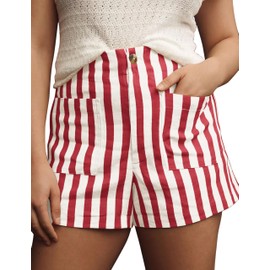ACCPUR Women Striped Linen High Waisted Wide Leg Summer Casual Button Shorts 2024 Y2k Color Block Boxer Shorts with Pockets Red