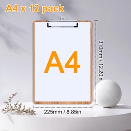 GUOKOFF A4 Wooden Clipboard, Pack of 12, A4 Clipboard, Writing Board with Metal Clip, Writing Board, Clipboard, DIN A4