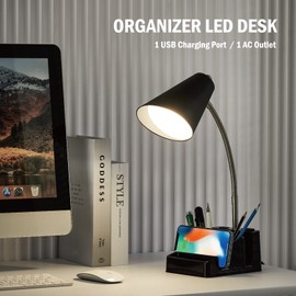 LED Desk Lamp with 1 USB Charging Port and 1 AC Outlet, Organizer Base, Adjustable Neck, On/Off Switch, Modern Table Lamp for Reading, Working, Studying, Gentle Warm White Light, Eye Protect