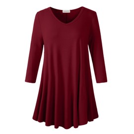 LARACE 3/4 Sleeve Tops Plus Size Tunics V Neck Solid Shirts Flowy Women Clothing for Leggings(Wine Red 3X)