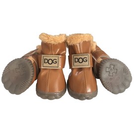 Winter Dog Boots & Paw Protectors: Outdoor Anti-Slip Dog Snow Shoes, Dog Booties Provide Warmth to Dogs Paws from Ice and Snow, Rubber Sole PU Leather Faux Fleece-Lined, Light Brown Dog Shoes Size 7