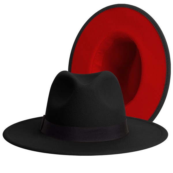 Classic Wide Brim Fedora for Women Men Two Tone Fedora with Band Adjustable Felt Panama Hat Black-red