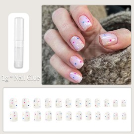 Short False Nails - 24pcs Square Pink Press on Nails - Stick on Nails with Wave Point Designs - 12 Sizes Cute Fake Nails with Glue - Full Cover Acrylic Nails for Women Girls Summer Short Nails