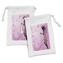 Lunarable Angel Fabric Pouch Set of 2, Butterfly and Girl Silhouette with Floral Dress on Pink Tones Flourish Backdrop, Small Drawstring Bag for Toiletries Masks and Favors, 9" x 6", Multicolor