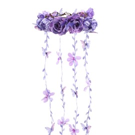 PartyforU Flower Headband for Women, Purple Floral Headpiece with Butterfly Flower Crown Vine Fairy Crown for Wedding Party Bridal Shower Renaissance