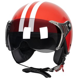 Yesmotor 3/4 Motorcycle Helmets Retro Open Face Scooters Helmet with Clear Visor for Men and Women- DOT Approved（Red White Line,M）
