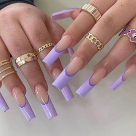 Pikabows Press On Nails Long Coffin Purple Nude French Tip Fake Nails Acrylic False Nail Tips Kit Glue on Nails for Women