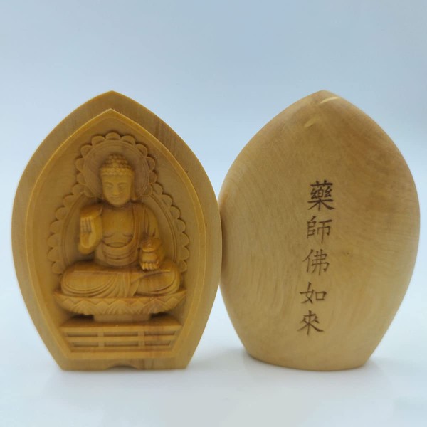 Carved Wooden Buddha Statue Yakushi Nyorai Tsuge Boxwood [Protection Honzon] Healing for Sickness (Lotus Shaped Incense Buddha [Pocket Buddha]), Convenient to Carry (Height 2.5 inches (6.3 cm), Width 1.8 inches (4.5 cm)