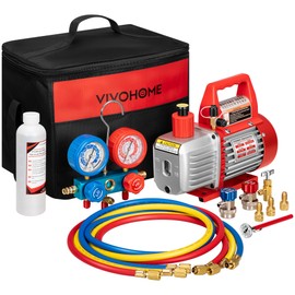 VIVOHOME 110V 1/4 HP 3.5CFM Single Stage Rotary Vane Air Vacuum Pump and AC Manifold Gauge Set Kit with Thermometer for R134a R12 R22 R502 R410a HVAC Air Conditioning Refrigeration Recharging Red