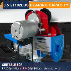 Bigorenda 1100LB Electric Trolley for Power Hoist,2.68-4.33" Adjustable Beam Flange Width for Straight Curved I Beam Trolley,for PA200-PA500 Hoists Push Geared Overhead Heavy Duty Wheel,for Warehouses