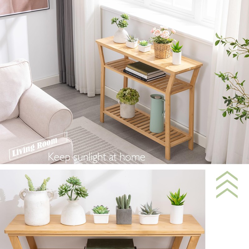 Nnewvante Bamboo Console Table Behind Couch, Entryway Table with Shelves,