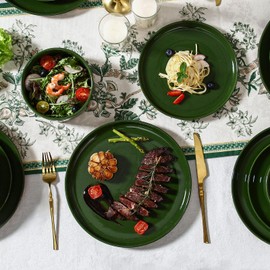 GZG Modern Art Series - 24 Pcs Speckled Stoneware Plates and Bowls Sets, Ceramic Dinnerware Set with Rustic Terracotta Underside, Microwave and Dishwasher Safe Handcrafted Dishes Set - Verdant Green