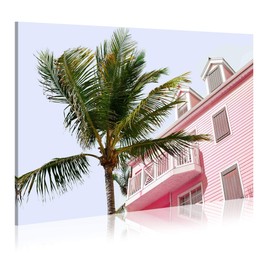 Dream Land Beach Palm Tree Wall Art: Ocean Coastal Canvas Picture Print Pink House Tropical Coconut Theme Artwork Painting Vintage Seascape Living Room Bedroom