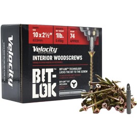 Velocity 2 1/2" Interior Wood Screws (Size #10) - Bit-Lok Technology Zero Force to Install Construction Screws, Zinc & Yellow Coating, Wood Repair Kit with Bit-Lok Drive Bit, 1 LB Box
