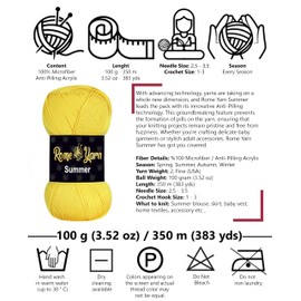 Rome Yarn Summer Yarn, #2 Fine, 4 Ply (UK), Sport (USA), Silk Effect, 100% Microfibre, Anti-Pilling Acrylic Yarn Wool (3 Balls, 323 Yellow)