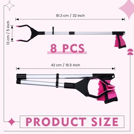 Ctosree 8 Pack Grabber Reacher Tool for Elderly 32 Inch Foldable Pick up Stick Lightweight Reaching Tool Long Handy Mobility Aids for Trash Pick Up, Litter Picker, Arm Extension(Pink)
