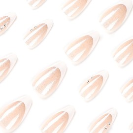 24 Pcs French Tip Press on Nails Almond Fake Nails Glitter False Nails with Star Design Rhinestone Glue on Nails Full Cover Acrylic Nails Glossy Stick on Nails Artificial Nails for Women Girls