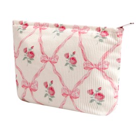 Cosmetic Bags for Women - Corduroy Cosmetic Bag Aesthetic Women Handbags Purses Makeup Organizer Storage Makeup Bag Girls Case Bags (Flowers-Bow)
