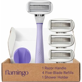 Flamingo Shaving Razor Set for Women - Original Razor Handle, 4 Blade Refills, and Shower Holder - Lilac