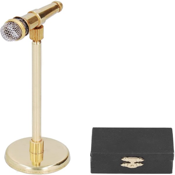 Hapivida Microfono in Miniatura da 8cm Mini Strumento Musicale Microfono con Supporto in Oro con Modello di Strumento a Scatola per La Decorazione Domestica