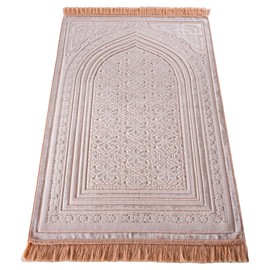 Modefa Luxury Velvet Prayer Rug with Prayer Beads | Soft Elegant Muslim Turkish Janamaz Sajada Carpet for Men and Women | Plain Solid Prayer Mat Ramadan Eid Gift - Najma (Pink)
