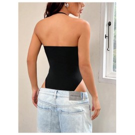 WDIRARA Women's Deep V Neck Sleeveless Halter Bodysuit Backless Leotard Cami Body Suit, Black, Small