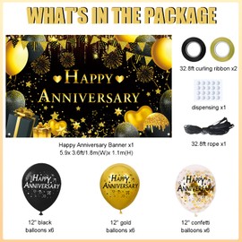 Happy Anniversary Banner Black Gold, Happy Anniversary Decorations for Men Women, XL, 5.9x 3.6Ft, 18Pcs Happy Anniversary Balloons Party Backdrop Decor for Wedding Anniversary Decorations Kit Supplies