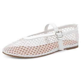 Fasheemage Mesh Flats for Women Mary Jane Flats with Straps Round Toe Buckle Slip on Flats Comfy Daily Casual Ballerina Shoes(9,White)