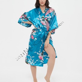 Women's Satin Rose Print Kimono Robe Premium Peacock Bridesmaid Bridal Dressing Gown Sleepwear Nightwear