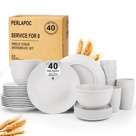 Perlapoc 40 PCS Wheat Straw Dinnerware Sets, Service for 8 - Dinner Plates, Cereal Bowls, Drinking Glasses, Unbreakable Plastic Plates and Bowls Sets, Dishwasher and Microwave Safe for Kitchen - White