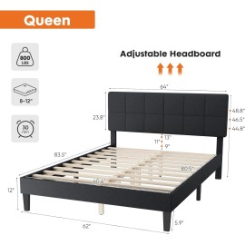 JHK Wood Bed Frame Full Queen Twin Size Linen Upholstered Platform Bed w/ Headboard - Grey, Queen