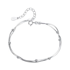 Bo&Pao Women's Ball Bracelet, 925 Sterling Silver, Double Chain Bracelet with Ball, 19.5 cm Adjustable, Sterling Silver