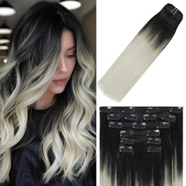 WindTouch Black Silver Clip in Hair Extensions Human Hair, 16 Inch 120g 7pcs Natural Black Fading to Gray Ombre Hair Extensions for Women Real Human Hair, Remy Human Hair Clip in Extensions